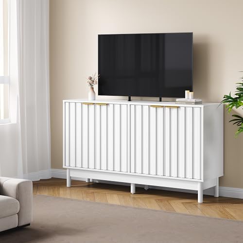 FansaFurn 50'' Buffet Cabinet with Fluted Door and Adjustable Shelves, Wood Credenzas Coffee Bar Cabinet with Edge Pull, Modern Sideboard for Kitchen, Dining Room, Living Room, White