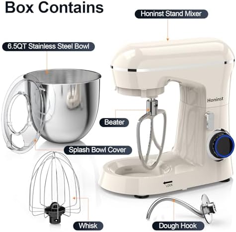 Honinst Stand Mixer, 6.5QT 10-Speed Tilt-Head 3-IN-1 Electric Food Mixer
