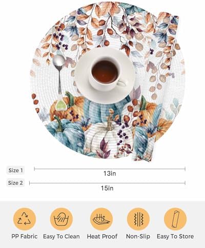 Fall Round Placemats Set of 6 Thanksgiving Teal Blue Pumpkin Place Mats Washable Woven Placemat Autumn Eucalyptus Leaves Circle Braided Table Mat for Kitchen Dining Table Holiday Party Decor 15 Inch