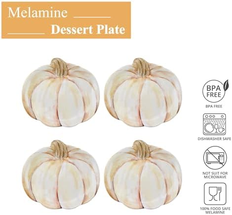 UP Ivory Pumpkin-Shaped Melamine Plates - Fall Harvest Theme, BPA-Free, Dishwasher Safe, for Appetizers, Dessert, Snacks, and Thanksgiving, Cream White, 7.875 x 7 Inch, Set of 4