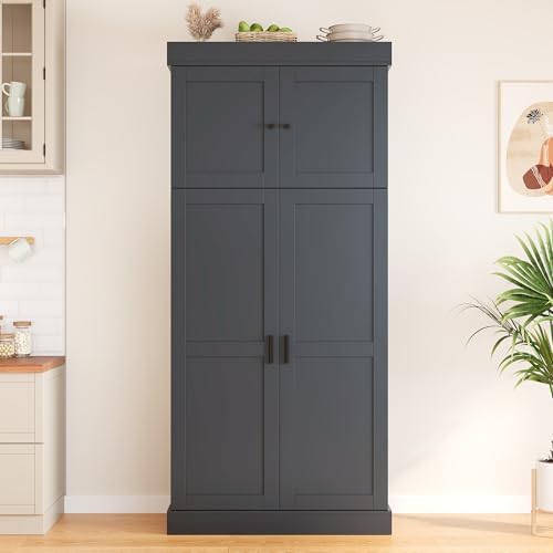 Merax 77''Tall Freestanding Kitchen Pantry,Farmhouse Tall Storage Cabinet with 2 Standard Plugs and 2 USB Ports,Wood Food Pantry with Adjustable Shelves,Door Shelves, Drawers and Wine Racks,Grey