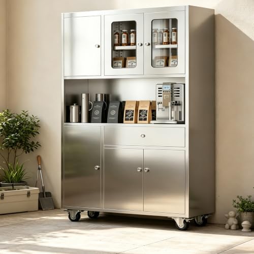 Stainless Steel Kitchen Pantry Cabinet with Drawer and Adjustable Shelves