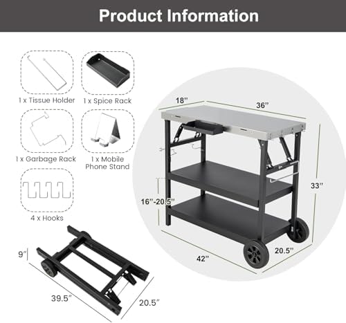 ERGOMASTER Grill Table Cart, Outdoor Kitchen Island with 4-Position Adjustable Shelf, Stainless Steel Serving Cart for Patio Garden