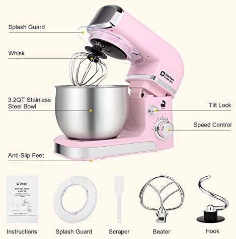 Kitchen in the box Stand Mixer,3.2Qt Small Electric Food Mixer,6 Speeds Portable Lightweight Kitchen Mixer for Daily Use with Egg Whisk,Dough Hook,Flat Beater (Pink)
