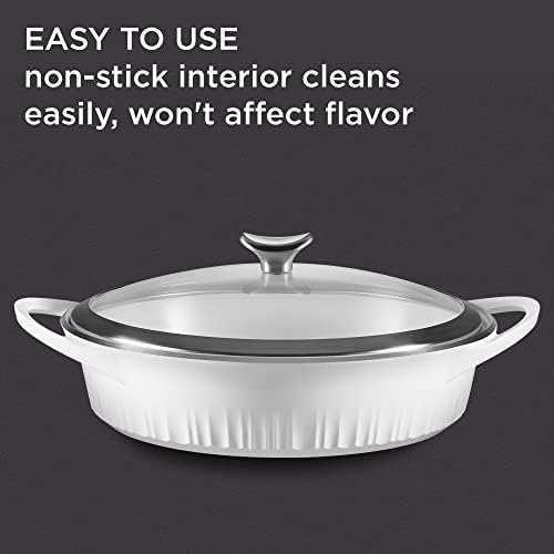CorningWare QuickHeat 4-QT Cast Aluminum Braiser With Lid, Nonstick Ceramic Interior, Lightweight and Fast Even Heat Baking & Cooking, For Meats, Soup, Browning, Searing, French White