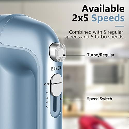 Hand Mixer Electric, 450W Kitchen Mixers with Scale Cup Storage Case, Turbo Boost/Self-Control Speed + 5 Speed + Eject Button + 5 Stainless Steel Accessories, For Easy Whipping Dough, Cream, Blue