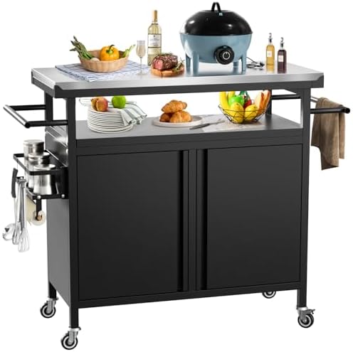 Outdoor Grill Cart Bar Cart with Storage Cabinet for Grilling Accessories（Black）