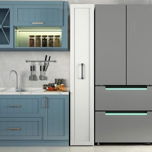 KEIKI Pull-Out Kitchen Pantry Storage Cabinet with Multi-Tier Shelf, Spice Rack Next to Fridge, Freestanding Wood Hutch Food Pantries Cupboard for Coffee Bar, Dining Room, Narrow Spaces