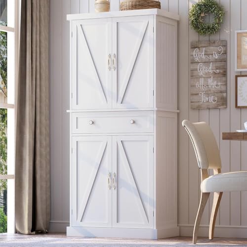 kepptory 72" Tall Kitchen Pantry Cabinet, Freestanding Storage Cabinet with Barn Doors and Drawer, Farmhouse Pantry Cupboard with Adjustable Shelves for Kitchen and Dining Room, White