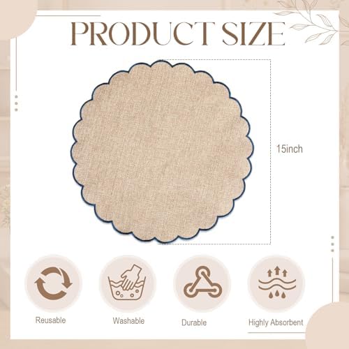Set of 6 Linen Boho Cotton Placemats 15" Round Scalloped Blue