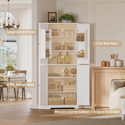 IRONCK Corner Cabinet, 72" Farmhouse Pantry Storage Cabinet, White