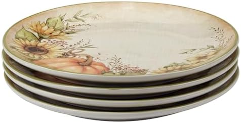Autumn Breeze Set of 4 Earthenware Dinner Plates – Bring rustic fall charm to your table with pumpkins, sunflowers, and leaves in warm seasonal colors that elevate every meal 11"