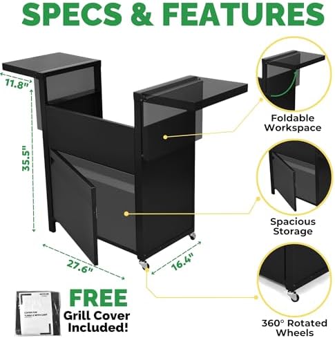 Turbo E Exclusive Grill Cart with Wheels - Spacious Side Shelves, Integrated Storage & Sleek Black Finish to Match Turbo E Outdoor Grills Seamlessly (Includes Weather-Resistant Grill Cover)