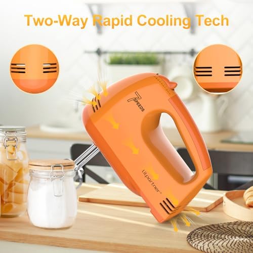 LILPARTNER Electric Hand Mixer with Storage Box, Ultra Power Kitchen Hand Mixer With 7-Speed & 5 Stainless Steel Accessories for Whipping Dough, Cream, Cake, Dishwasher Safe, LIGHT ORANGE BOX