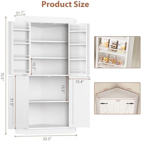 Jocoevol Corner Cabinet,71'' Kitchen Pantry Storage Cabinet with 4 Doors and Shelves, Tall Food Pantry Storage Cabinet Farmhouse Furniture for Kitchen Dining Room, White