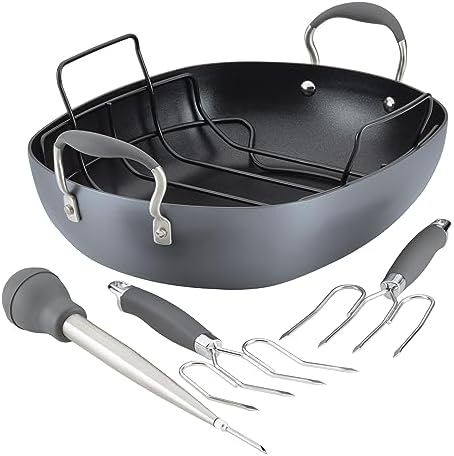 Anolon Advanced Home Hard Anodized Nonstick Roaster/Roasting Pan with Utensils, 16 Inch x 13 Inch, Moonstone