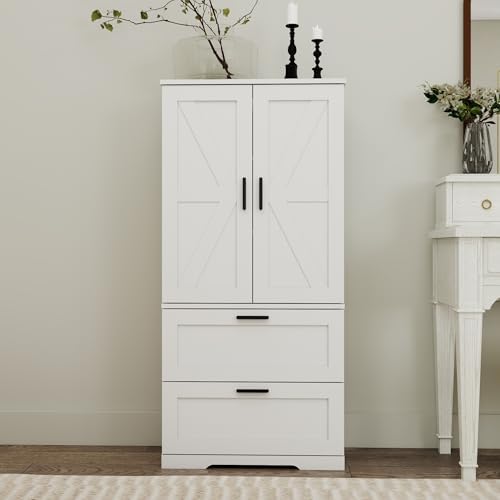 2 Door Tall Kitchen Pantry Storage, Collection Food Free Standing Wooden Storage Cabinet with 2 Drawers and Adjustable Shelves, Modern Farmhouse Versatile Storage for Kitchen, Dining Room (White)