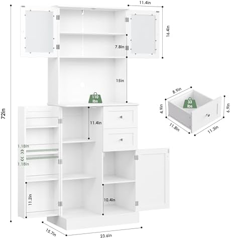 BOTLOG 72" Tall Kitchen Pantry Storage Cabinet with 4-Tier Door Shelves