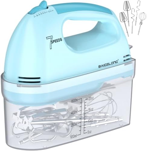 BAIGELONG Hand Mixer. 7-Speed Adjustable Kitchen Electric Mixer. With 5 Stainless Steel Attachments: 2 Hooks, 2 Beaters, 1 Whisk. Comes 1 Storage Box. Perfect for Bakers and New Starters, Blue