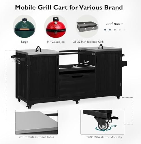 Merax 66.5" Outdoor Kitchen Island for Big Green Egg, Grill Cart with Stainless Steel Top, Solid Wood Grill Table with Storage Cabinet & Wheels, Compatible with Kamado Joe
