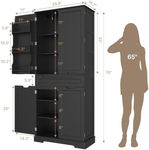 Gizoon Tall Kitchen Pantry Cabinet with Doors and Adjustable Shelves, Black