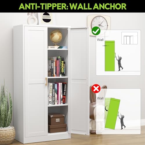 UNICOLY Metal Kitchen Pantry Cabinet, Storage Cabinet with Doors and Shelves, Cupboard with Adjustable Leveling Foot, for Laundry, Living Room, Bathroom, Dinning Room, Assembly Required, White 60" H