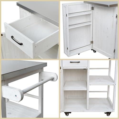 Merax 40.5" Outdoor Grill Cart Table with Storage Cabinet & Stainless Steel Top, Fir Wood Outdoor Kitchen Island on Lockable Wheels, Built-in Towel & Spice Racks for Patio BBQ Food Prep, White