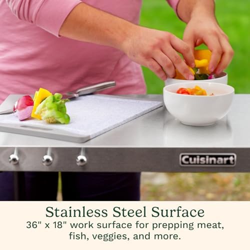 Cuisinart Outdoor BBQ Prep Cart, Stainless Steel Portable Grill Table with Wheels, Grill Cart with Adjustable Storage Shelf, Tool Hooks, Trash Bag & Paper Towel Holder