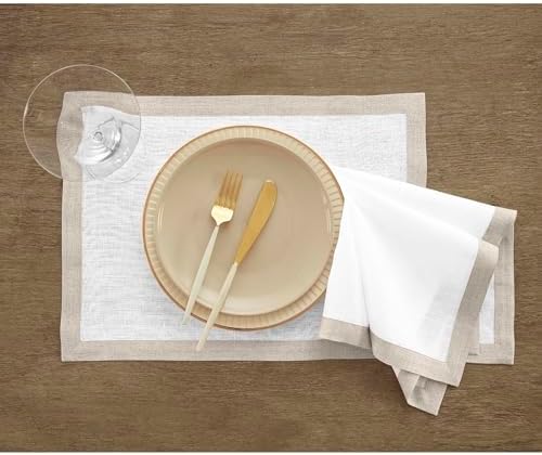 Solino Home 100% Linen Placemats, 14 x 19 in, Natural and White, Set of 4
