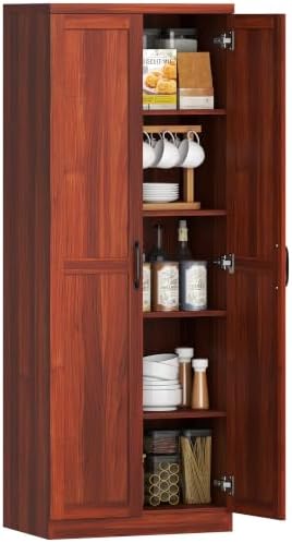 HOMCOM 63" Kitchen Pantry Cabinet with Doors and Adjustable Shelves, Teak