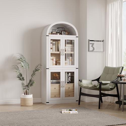 IDEALHOUSE Arched Kitchen Pantry Cabinet,71'' Wood Storage Cabinets Bookcase,Farmhouse Storage Display Cabinet with Glass Doors,2 Large Drawers,Versatile Cupboard for Living Room,Dining Room(White)