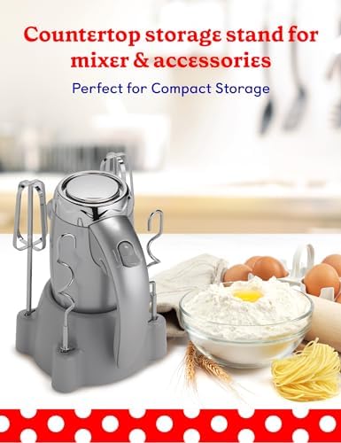 BETTY CROCKER Hand Blender 7 Speed, 250 Watt Electric Mixer with Beaters and Dough Hooks, Ergonomic Electric Hand Mixer for Home & Kitchen with Stand and Soft Touch Handle, Silver