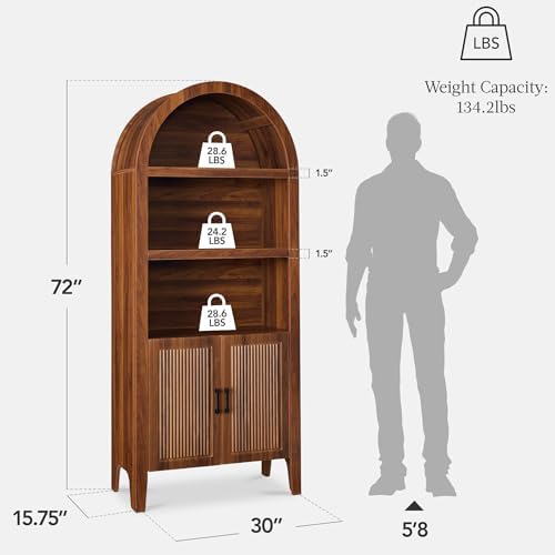 Best Choice Products 72" Tall Arched Pantry Cabinet w/Reeded Doors, 5-Tier Bookshelf, Armoire, Hutch, Bookcase, Storage Cabinet w/Adjustable Shelves, for Dining Room and Livingroom - Walnut