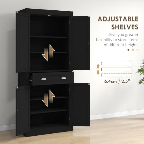 HOMCOM 72.5" Kitchen Pantry Cabinet Freestanding 4 Doors Black Wood Grain