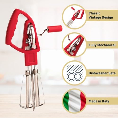 Kings County Tools Rotary Egg Beater Manual Hand Crank Mixer, Red