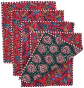 Cotton Block Print Quilted Reversible Placemats with Napkins, Floral Design, Dining Table Decor for Everyday Use, Set of 4 (Teal/Red)