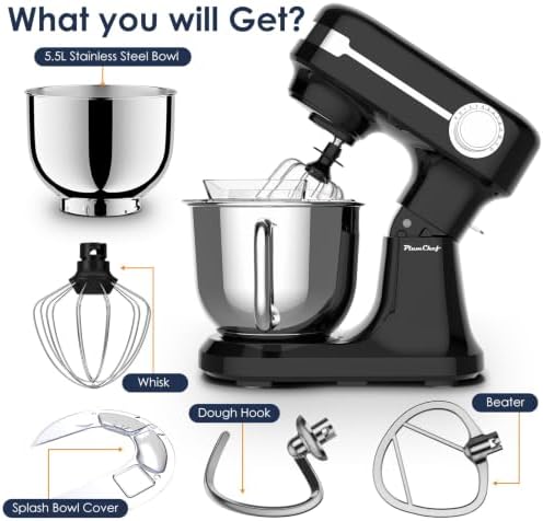 5.5QT Stand Electric Mixer, 12-Speed Kitchen Mixer with Tilt-Head, Stainless Steel Bowl Dough Mixer, Egg Whisk, Dough Hook & Beater Included, Idea for 3-5 Family (Black)