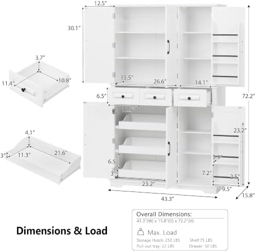 Ball & Cast 72" Kitchen Pantry Cabinet with Pull-Out Trays, White