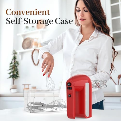 5-Speed Electric Hand Mixer, 800W Handheld Mixer with Turbo for Baking & Cooking, Kitchen Food Mixer with Storage Case & 6 Stainless Steel Attachments (2 Beaters, 2 Dough Hooks, 2 Whisks)-Red