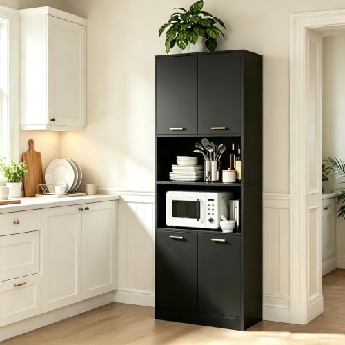 Keyluv 71" Kitchen Pantry Storage Cabinet, Kitchen Cabinet Hutch, Black