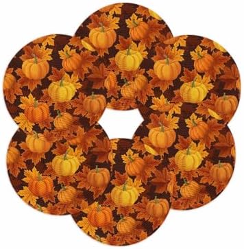 Fall Round Placemats Set of 6 Thanksgiving Orange Harvest Pumpkin Place Mats Washable Woven Placemat Autumn Maple Leaf Circle Braided Table Mat for Kitchen Dining Holiday Party Fall Decor 15 Inch