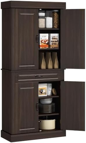 HOMCOM 71" Freestanding Kitchen Pantry Cabinet 4 Doors Coffee