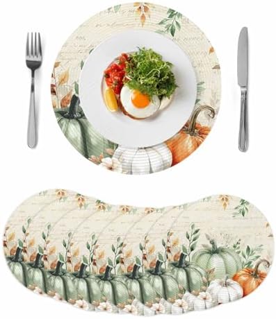 Fall Round Placemats Set of 8 Thanksgiving Sage Green Pumpkin Place Mats Washable Woven Placemat Floral Autumn Eucalyptus Leaves Circle Braided Table Mat for Kitchen Holiday Party Fall Decor 15 Inch