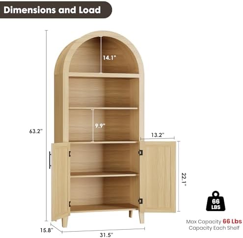 Garvee Arched Kitchen Pantry Storage Cabinet - 5-Tier Open Display Shelf with Rattan Decor, Farmhouse Storage Cabinet for Kitchen, Dining Room, Living Room, Natural
