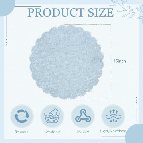 Set of 12 Gray Blue Cotton Placemats 15" Round Scalloped White