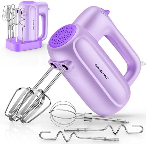 BAIGELONG Hand Electric Mixer, 5-Speed KitchenMixer with 5 * 304 Stainless Steel Attachments + Storage Base, Food Handheld Mixer for Baking, Whipping Cream, Cake Mixing, Purple