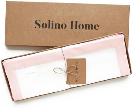 Solino Home 100% Pure Linen Placemats, 14 x 19 in, Pink and White, Set of 4