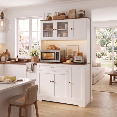 Tall Kitchen Pantry Cabinet with Countertop, 39.4" W Kitchen Hutch with Storage, Farmhouse Kitchen Cabinet Coffee Bar Cabinet with Power Outlets, Drawer, Door Racks, Adjustable Shelves, RGB LED Lights