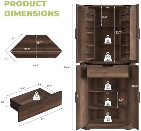 Dripex Tall Kitchen Pantry Cabinet with LED Light, 71" Corner Pantry Brown