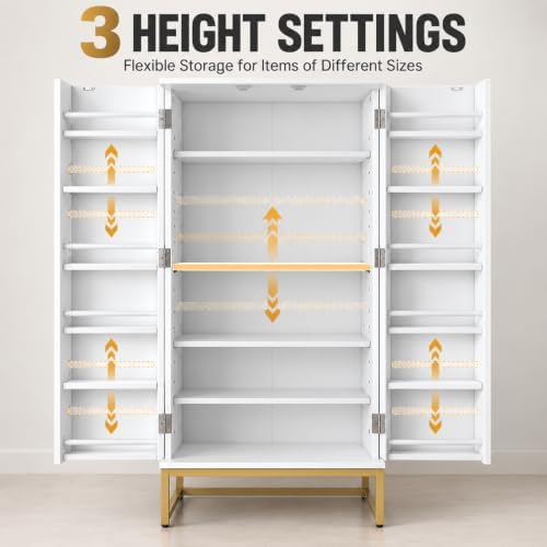 kepptory 51" Kitchen Pantry Cabinet, Freestanding Food Storage Cabinet with Adjustable Shelves and Door Racks, Tall White Kitchen Cupboard with Gold Metal Base and Handles for Dining Room